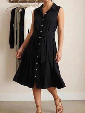 ANGIE Sleeveless Black Stretch Jersey Knit Button-Front Shirt Dress Medium